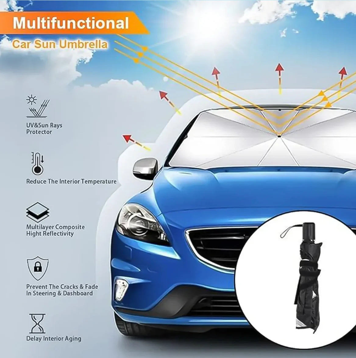Sway™ Car Windshield Sun Shade Umbrella – Foldable UV Protection & Heat Insulation Cover(One Size Fits All Vehicles)